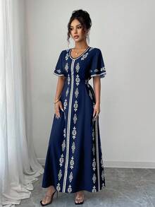 Elenzga 全新优雅V领时尚印花女式连衣裙 - 藏蓝色 - 查看 3