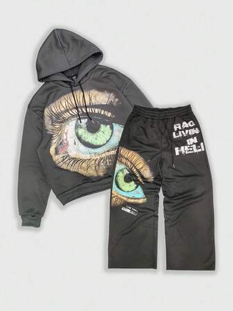 Grunge Punk Men's Casual Eye Print Drawstring Hoodie And Sweatpants Set, Autumn