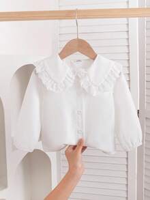 SHEIN Blusa de manga larga con cuello Peter Pan y adorno de encaje, de estilo sencillo y elegante, para niña bebé, adecuada para la escuela y el uso diario