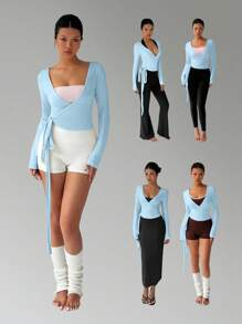 Flirla 粉色瑜伽健身运动服超弹柔软裹身 V 领长袖短款紧身 T 恤，时尚简约，优雅日常衣橱必备单品，适合女性，春秋季 - 藍色 - 查看 7