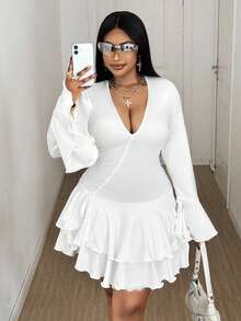 Maweii Plus Size Women's Fashionable Asymmetrical Ruffle Hem Long Sleeve Dress, Elegant Vibe Fall Cloth For Women - White - View 1
