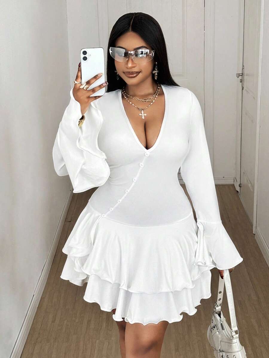 Maweii Plus Size Women's Fashionable Asymmetrical Ruffle Hem Long Sleeve Dress, Elegant Vibe Fall Cloth For Women - White - View 1