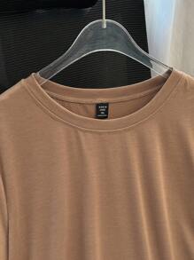 Franclia Plus Size White Lace Trim Casual Vacation & Commute Chic T-Shirt - Khaki - View 5