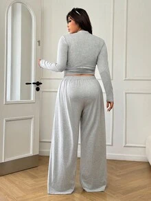 SHEIN EZwear Set casual da 2 pezzi, composto da top a maniche lunghe e pantaloni con coulisse, taglie comode