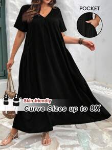 SHEIN CURVE+ Plus Size Loose Casual Spring And Summer Dress With Pockets,Arabian Dress,Arabian Clothing