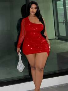 Slaydiva Vestido de Moda Ajustado com Ombro Único, Manga Lanterna e Malha Sequinada de Cor Sólida para Mulheres Plus Size - Vermelho - Visão 5