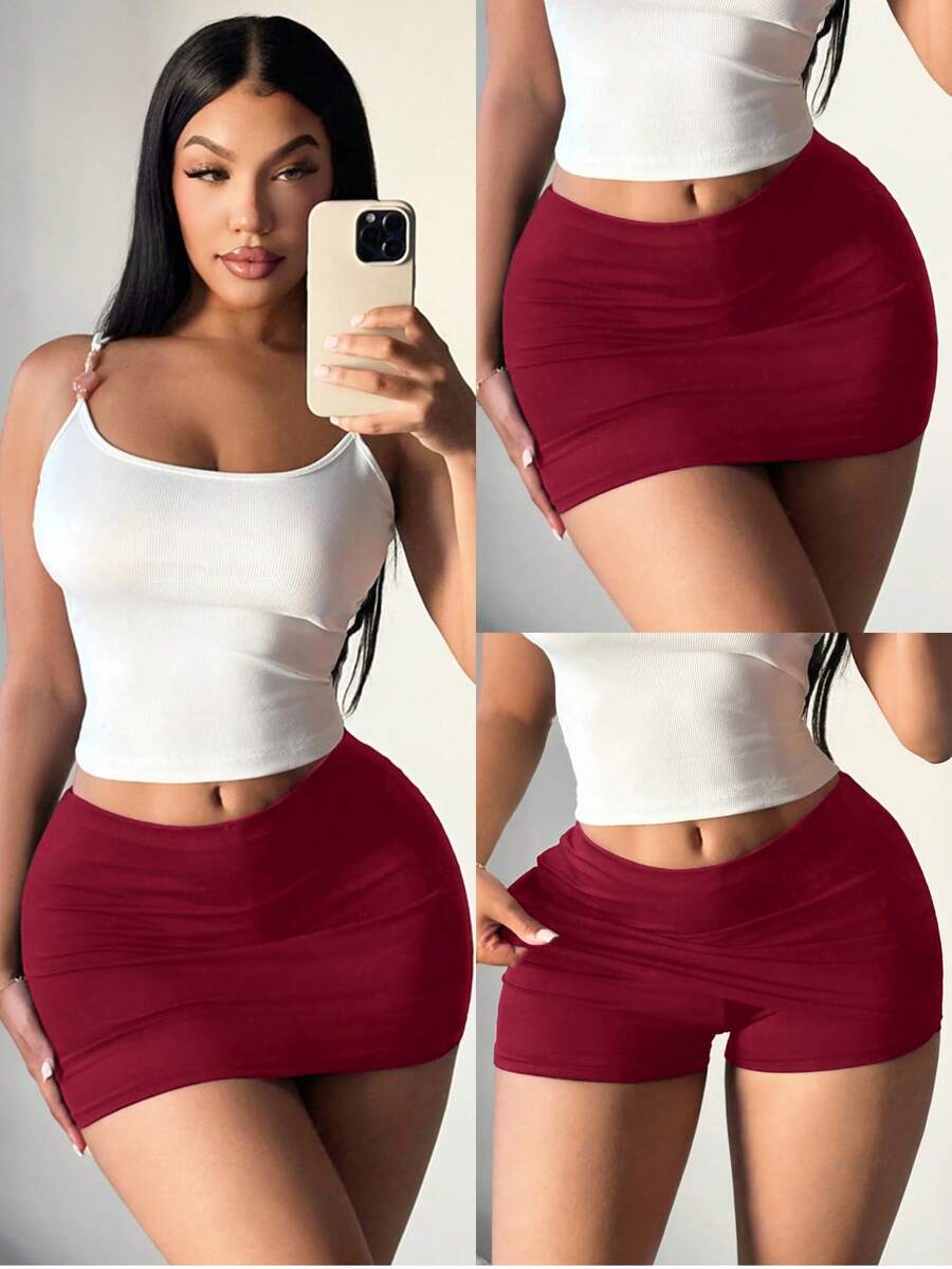 SHEIN SXY Váy bó sát cơ thể mini màu đen gợi cảm thường ngày dành cho nữ (có kèm quần legging) - Màu Đỏ Sâu - Xem 1