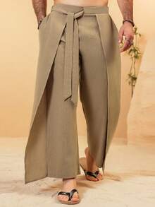 VENTUSAIL Men's Summer Linen Texture Layered Design Loose And Comfortable Breathable Vacation Long Pants With Waist Tie Design, Khaki Going Out Plain Baggy Slacks Pants, For Husband, Boyfriend Gifts, For Fall - Khaki - View 1