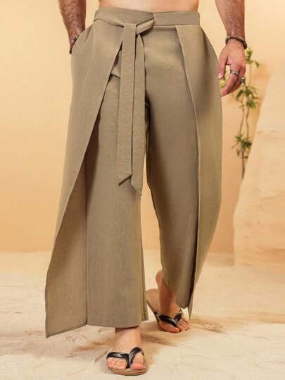 VENTUSAIL Men's Summer Linen Texture Layered Design Loose And Comfortable Breathable Vacation Long Pants With Waist Tie Design, Khaki Going Out Plain Baggy Slacks Pants, For Husband, Boyfriend Gifts, For Fall