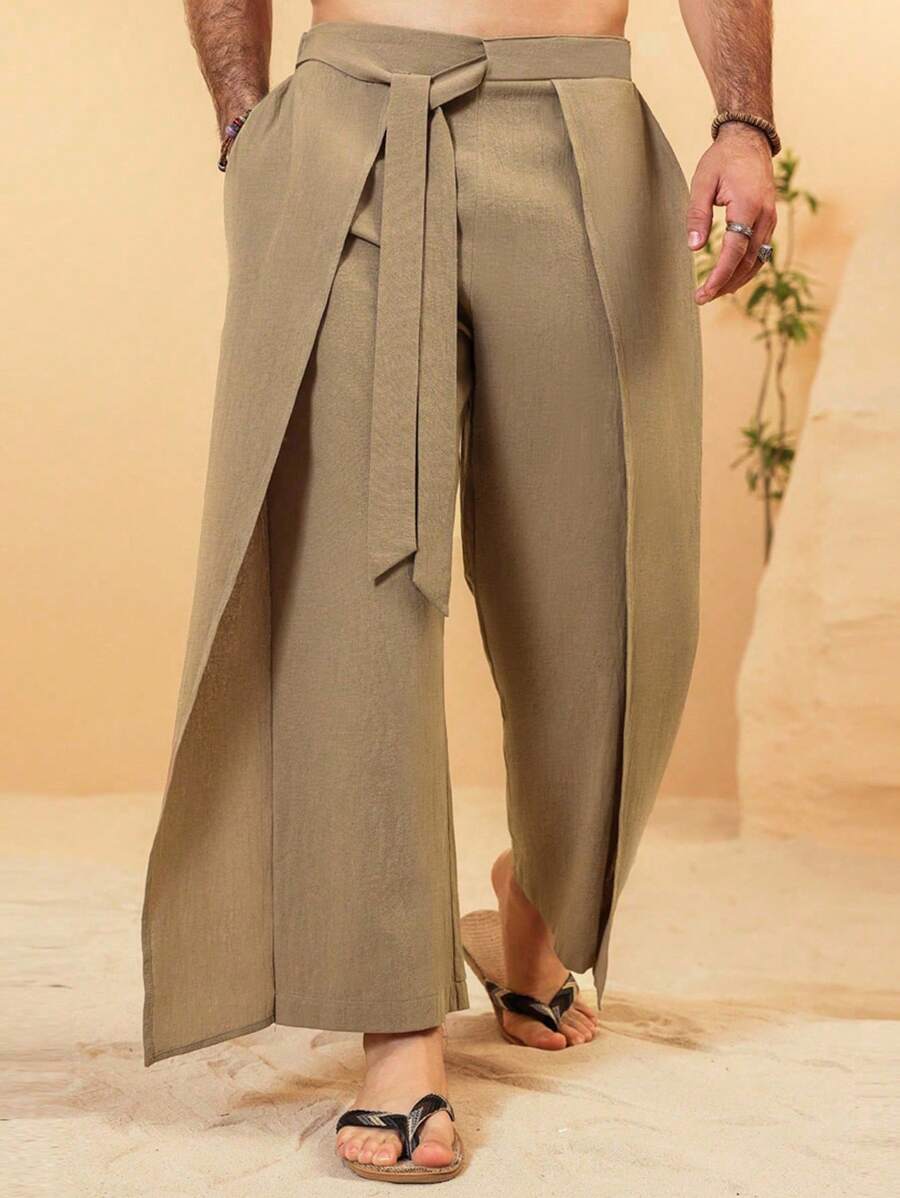 VENTUSAIL Men's Summer Linen Texture Layered Design Loose And Comfortable Breathable Vacation Long Pants With Waist Tie Design, Khaki Going Out Plain Baggy Slacks Pants, For Husband, Boyfriend Gifts, For Fall - Khaki - View 1