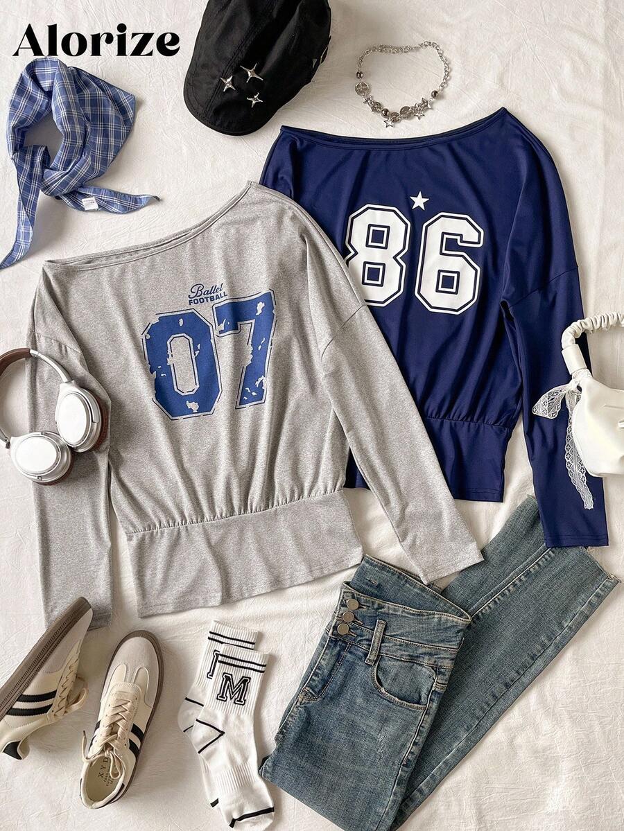 Tricou casual pentru adolescente cu guler asimetric și imprimeu numeric, toamnă/primăvară