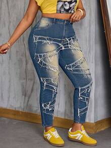 Slaydiva Winterliche Jeans für Damen in Große Größen mit hoher Taille, Taschen und ausgefranstem Saum, vielseitig einsetzbar - Mittele Waschung - Übersicht 6