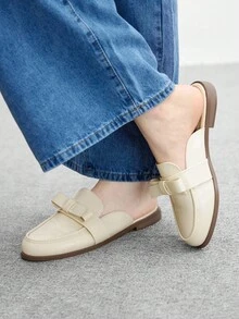 CUCCOO BIZCHIC Women's Fashion Beige Bow Comfortable Slip-On Mules, Flat Casual Loafers Suitable For Outdoor, Work, Daily Wear - Beige - View 2