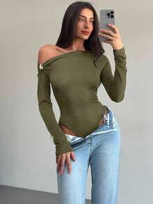 Aloruh Black Sophisticated Modern One Shoulder Long Sleeve Twist Metal Decor Bodysuit For Women,Fall - Army Green - View 7