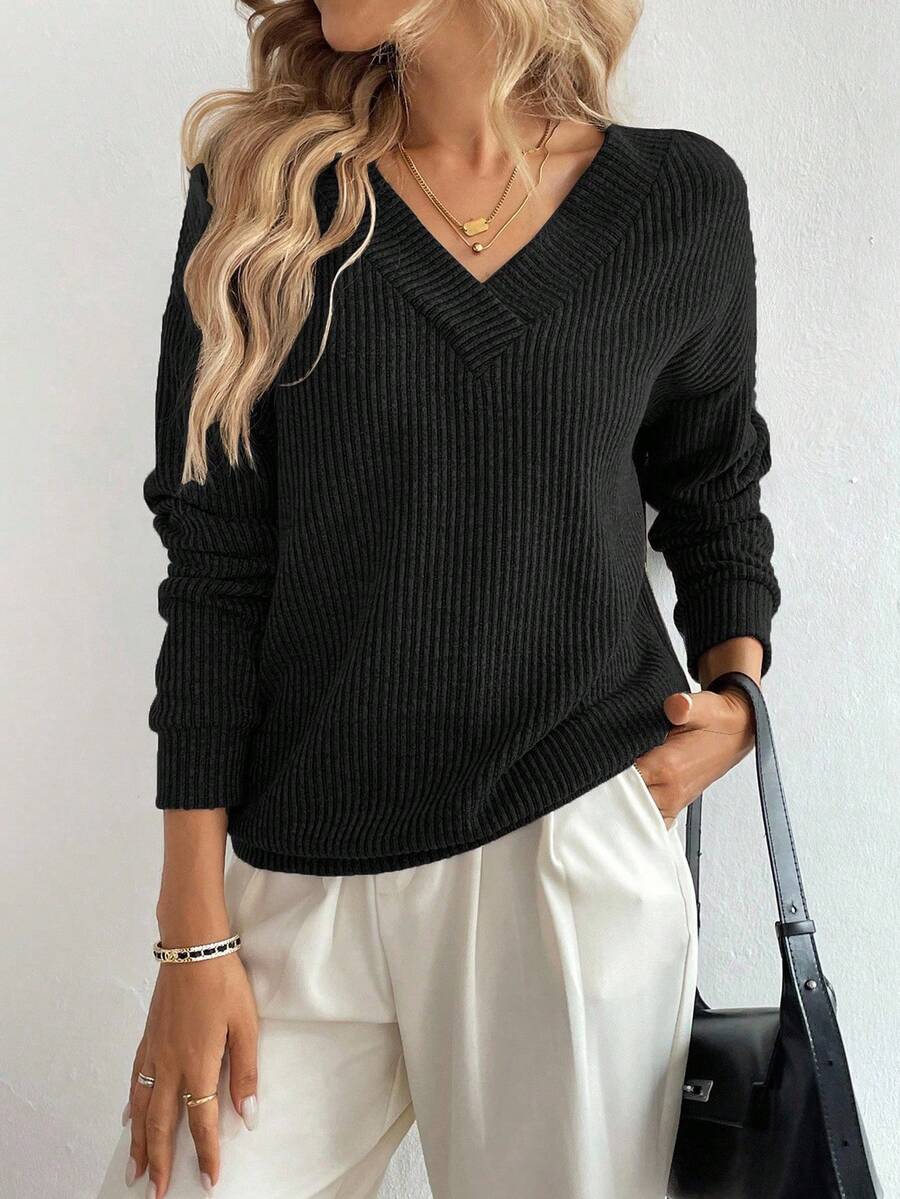 SHEIN LUNE Women's Solid Color V-Neck Drop Shoulder Long Sleeve Casual Loose Sweatshirt, Autumn Fall Cloth For Women - Black - View 1