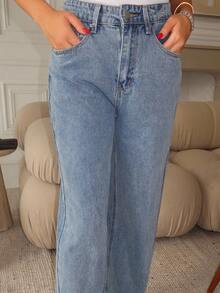 Durrani Popal Solid Color Loose Fit Wide Leg Long Denim Pants - Medium Wash - View 5