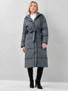Miaspire Solid Color Hooded Belted Long Padded Jacket