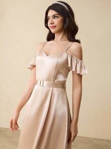 少女荷叶边拼接腰部 A 字型优雅派对、返校、圣诞节、万圣节连衣裙 - 杏色 - 查看 3