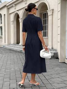 Siren Gaze 商务休闲夏装 - 女士纽扣前开襟衬衫裙 - 藏蓝色 - 查看 3