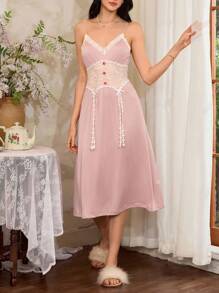 Côtesoire Französisches romantisches, elegantes Spitzen-Patchwork Damen Nachtwäsche Set, Herbstkleidung - Altrosa - Übersicht 3
