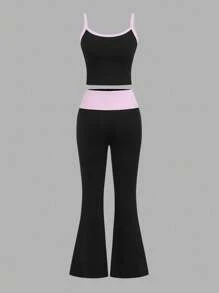 SHEIN EZwear Black & Pink Contrast Color Tie-Up Camisole And Pants Set, Suitable For Spring/Summer, Suitable For Summer - Black - View 2
