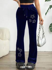 INAWLY Y2K 时尚五星装饰低腰喇叭裤 - 寶藍色 - 查看 5