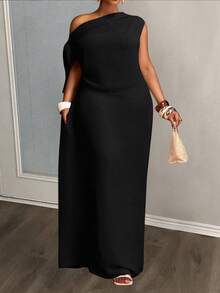 Veslaya Đầm dài dáng suông đơn giản màu trơn dành cho nữ cỡ lớn, vai lệch, thích hợp cho mùa hè. - màu đen - Xem 1