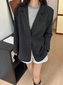 DAZY 秋冬新款宽松加厚休闲条纹商务休闲女式常规夹克西装外套女式大衣 - 灰色 - 查看 3