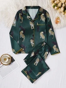 Miss Women 休闲动物印花柔软法兰绒长袖开衫和裤子两件套睡衣套装，秋季服装