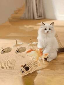 1/2/3pcs Sisal Rope And Bite-Resistant Cat Toys, Mouse-Shaped Cat Bite Toys With Feather Tails, Cat Interactive Toys.Mother's Day