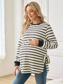 SHEIN 孕妇撞色条纹圆领长袖运动衫 - 黑與白 - 查看 4