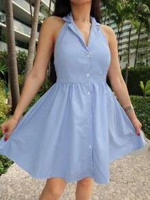 Durrani Popal Damen Minikleid mit Kragen, Einzelreiher, Lässig Streifenmuster - Blau-Weiß - Übersicht 3