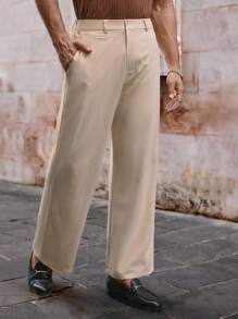 HIMLAND Men's Casual Woven Mid-Waist Wide Leg Pants, Suitable For Daily Wear Beige Pants For Men Men Flared Pants With Split Sides Men Flared Dress Pants Western Pants, For Fall, Old Money