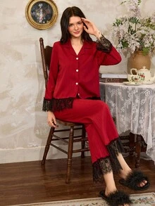 Côtesoire 法式优雅浪漫蕾丝拼接女士睡衣套装，秋季服装，圣诞节 - 酒紅色 - 查看 4