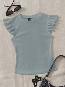 SHEIN EZwear 2pcs Set Hazy Blue & Apricot Ribbed Fabric Round Neck Tight Fit Short Cap Sleeve T-Shirt, Suitable For Summer - Multicolor - View 7