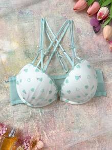 刺绣花卉钢圈加厚前开合提升乳沟舒适半罩杯可爱浪漫露背蝴蝶结装饰可爱娃娃风格女士文胸 - 綠色 - 查看 1