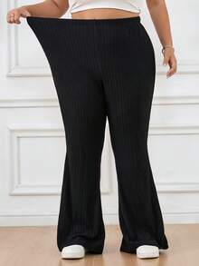 SHEIN CURVE+ 大尺碼女款羅紋布料休閒基本款黑色喇叭褲/秋冬季，2026 22W - 黑色 - 查看 5