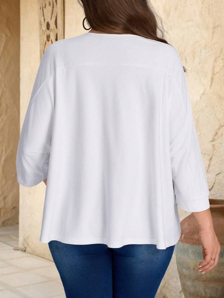 Plus Size Women's Loose Fit 3/4 Sleeve All White T-Shirt,Going Out,Fall For Women,Fall, New,Casual Everyday Wear,Spring/Summer/Vacation