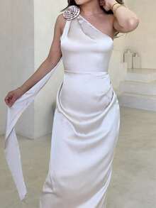 Jemour Elegantes & Sexy Französisches Satinband Schräger Schulter Ausschnitt 3D Blumen Taille Geraffter Volant Figurbetontes Bodycon Kleid - Aprikosenfarben - Übersicht 6