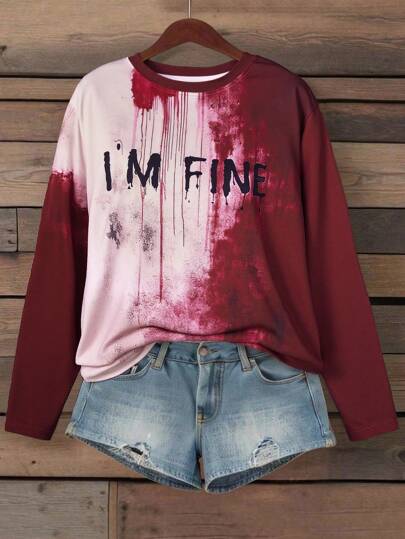 EMERY ROSE Plus Size Women's Loose Fit Round Neck Long Sleeve T-Shirt, Halloween Fall Cloth For Women