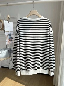 SHEIN EZwear Plus Striped Print Heart Embroidered Drop Shoulder Sweatshirt Winter Fall Autumn