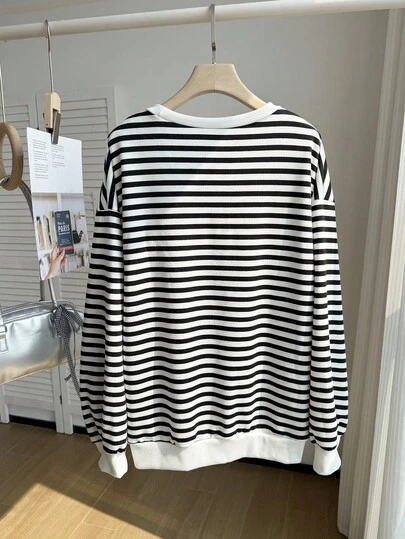 SHEIN EZwear 大碼條紋印花愛心刺繡落肩袖運動衫