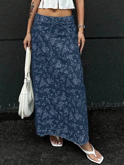 DAZY 女士碎花低腰长款牛仔裙