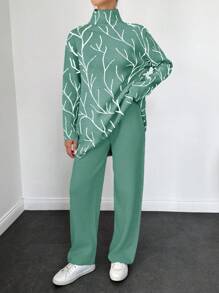 SHEIN Cottnline Women'S Branch Printed Mock Neck Sweater And Solid Colored Pants Two Piece Set - Green - View 5