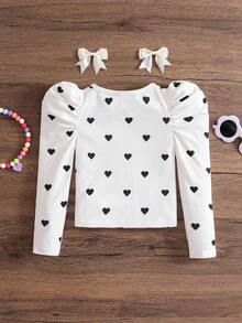 SHEIN Young Girl Heart Pattern Square Neck Gigot Sleeve Casual T-Shirt Autumn Long-Sleeved T-Shirt  Suitable For Autumn And Winter  For Daily Leisure, Sports, School And Parties Toddler Girl  Birthday Girl   Halloween Back To School   Mommy And Me Girls Heart Print Shirt Tween Girls T Shirts White Top For Kids Cute Tops For Kids Long Sleeve Shirts Girls Long Sleeve Tops For Girls Cute Tops For Kids Girl Tween Girls T-Shirts Fall