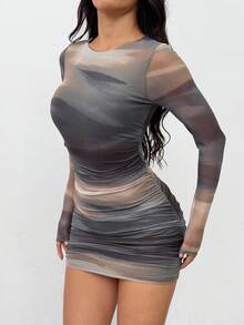 SHEIN PETITE Women's Fashion Commuter Tie-Dye Ruched Bodycon Mini Dress - Multicolor - View 7