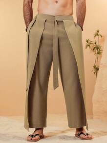 VENTUSAIL Men's Summer Linen Texture Layered Design Loose And Comfortable Breathable Vacation Long Pants With Waist Tie Design, Khaki Going Out Plain Baggy Slacks Pants, For Husband, Boyfriend Gifts, For Fall - Khaki - View 8