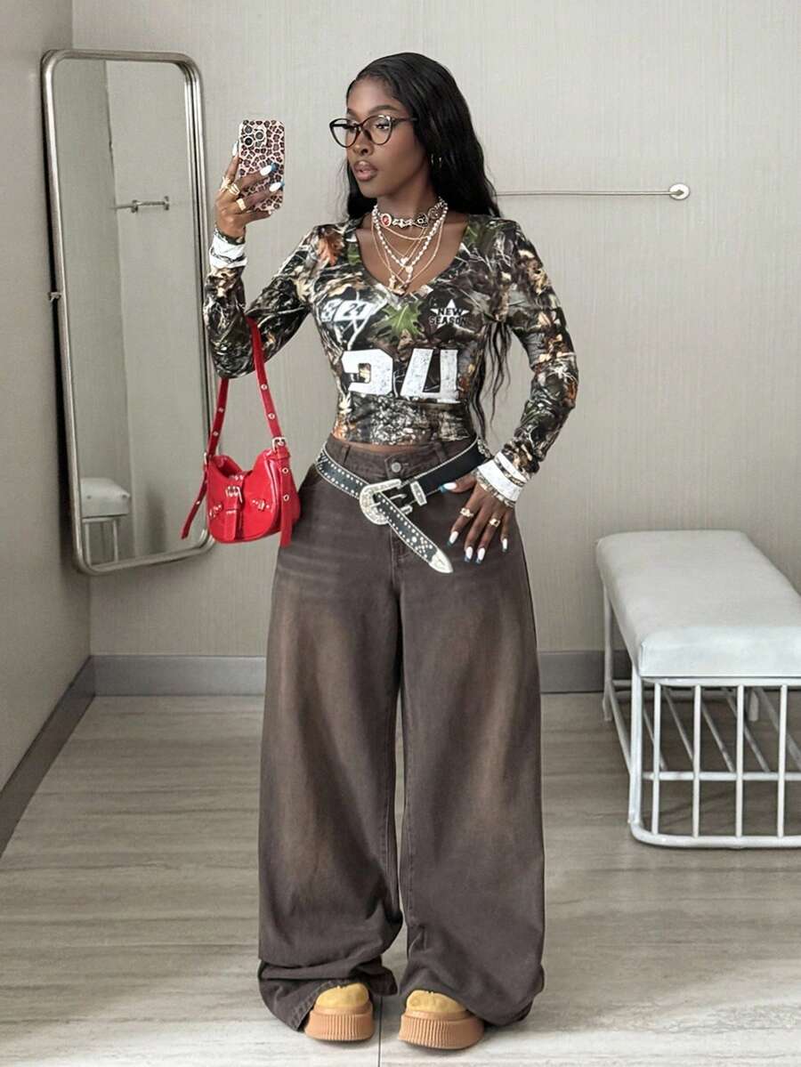 Coolane 女款秋夏 Y2K 街头潮流树枝图案紧身胸衣 V 领长袖树枝图案 T 恤