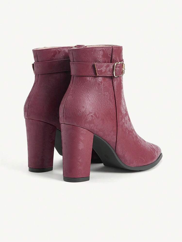 CUCCOO CHICEST Women's Vintage Floral Patterned Square Toe Block Heel Mid-Calf Boots, Elegant Commuter Fashion Retro Oriental Classic Chinese Style Burgundy Leather Boots, Versatile For Workplace, Halloween, New Year, Spring Festival