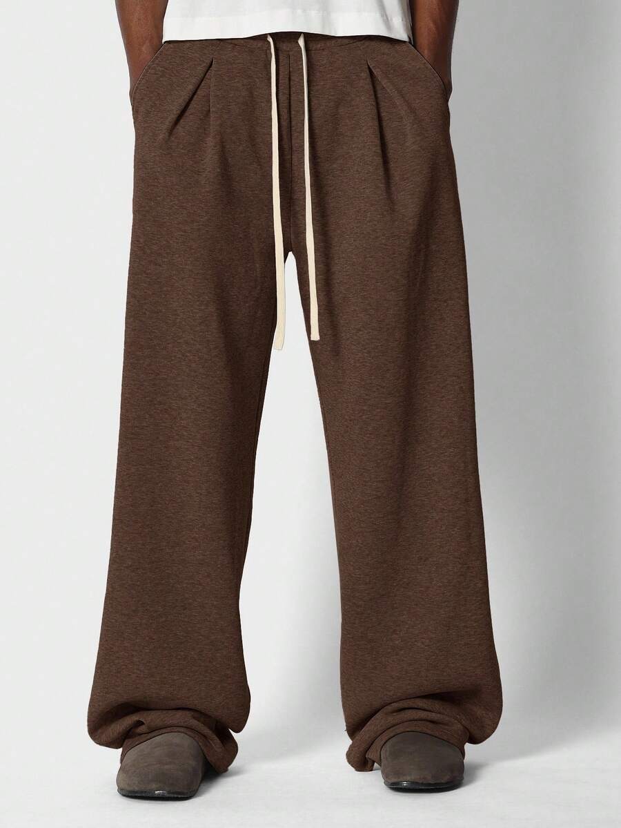SUMWON Wide Leg Sweatpants With Pleated Front Detail Drawstring Waist High Volume Comfort Fit Winter Loungewear Casual Relaxed Fit Lounge Pants Plain - Chocolate Brown - View 1